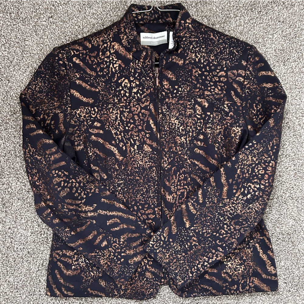 Alfred Dunner Leopard Print Black Gold Shimmer Zip Up Blazer Jacket Size 8P